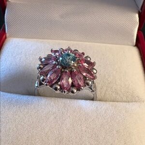 Beautiful Blue Zircon and Pink Sapphire Sterling Silver Women's Ring